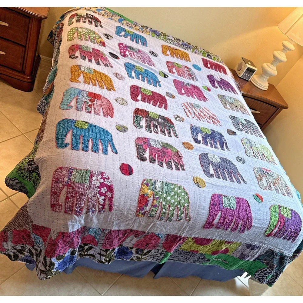 Handmade Elephant Kantha Quilt Blanket Applique Boho Hand Stitched 84x95